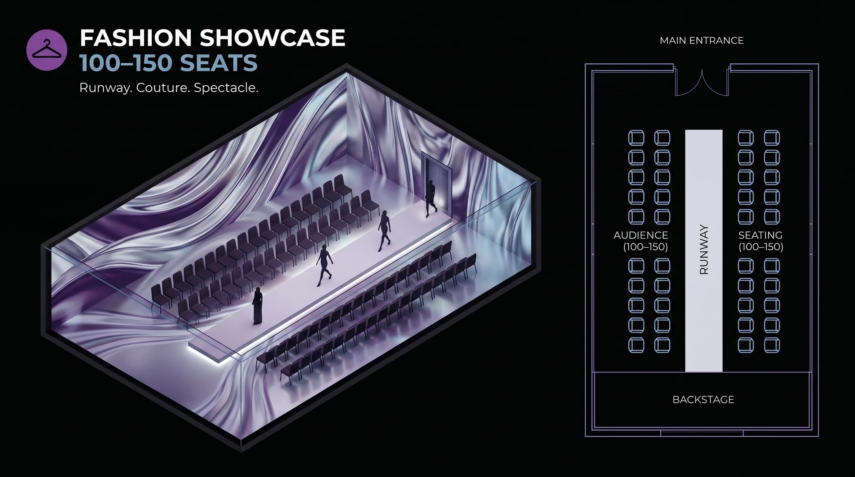 Fashion showcase layout — 100 to 150 audience seats flanking a central runway, liquid silver couture environment.