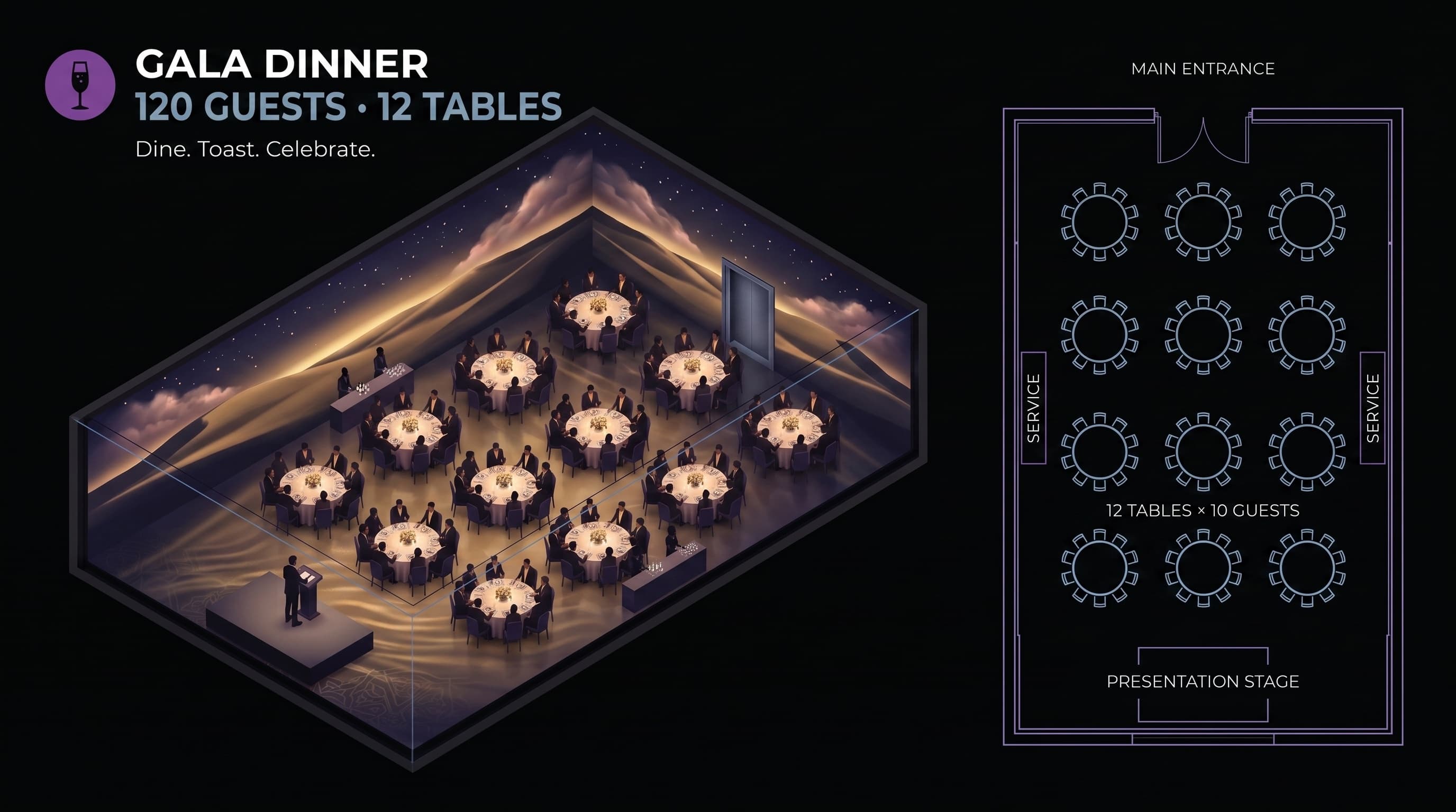 Gala dinner layout — 12 round tables of 10 guests with a presentation stage, cosmic mountain horizon environment.