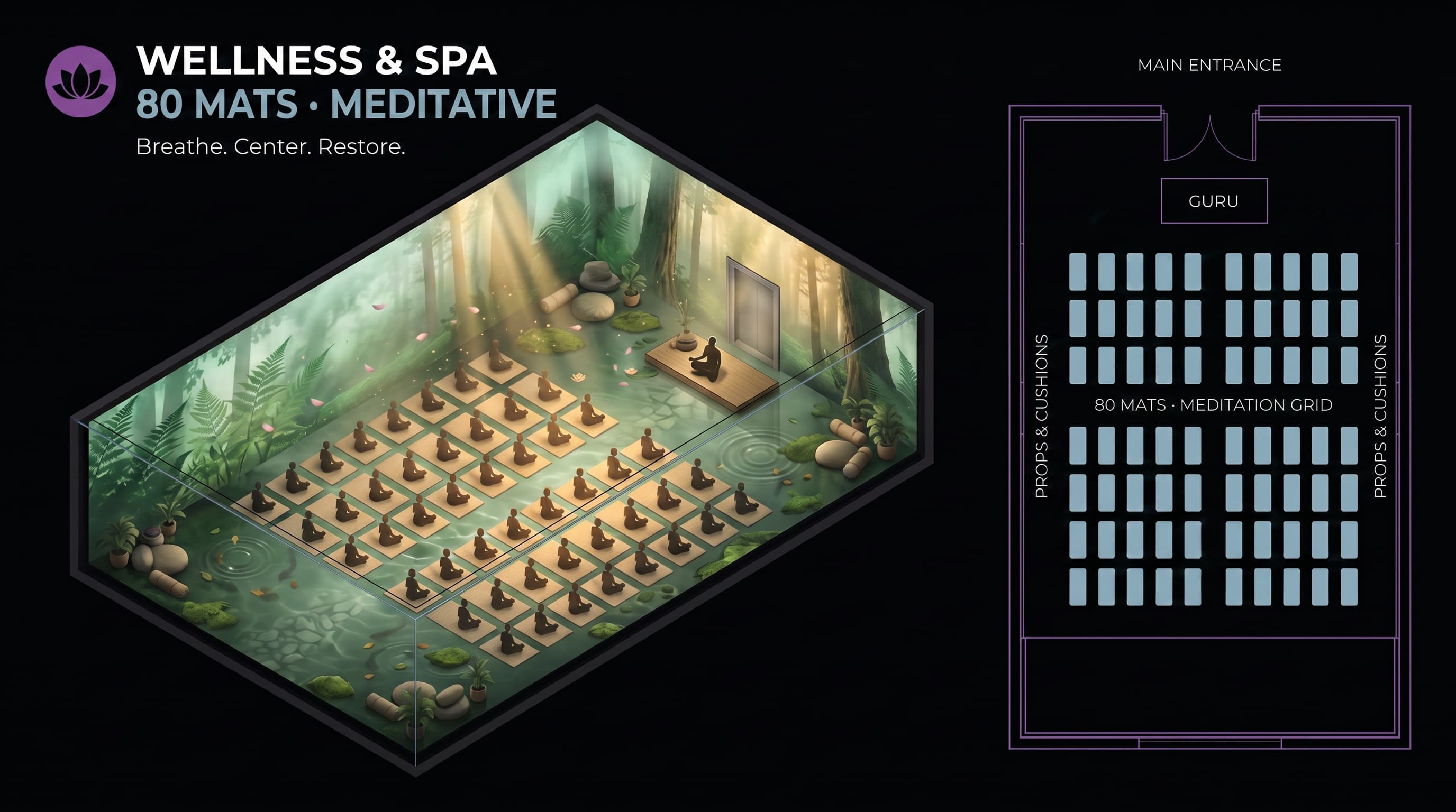 Wellness and spa layout — 80 meditation mats arranged in a grid facing a guru, forest sanctuary environment.