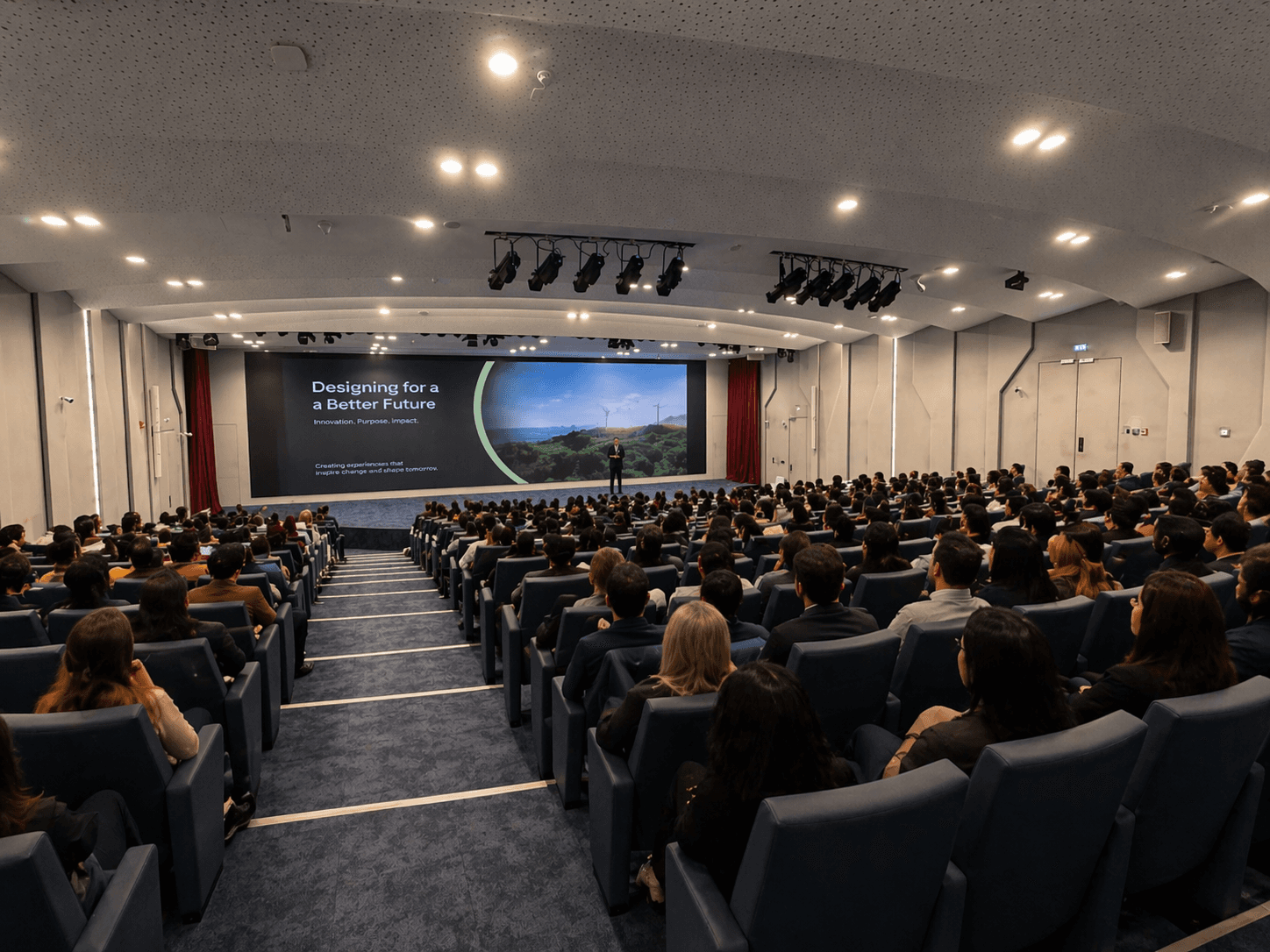 SEE Venues Auditorium — tiered seating for up to 440 guests, broadcast-grade AV