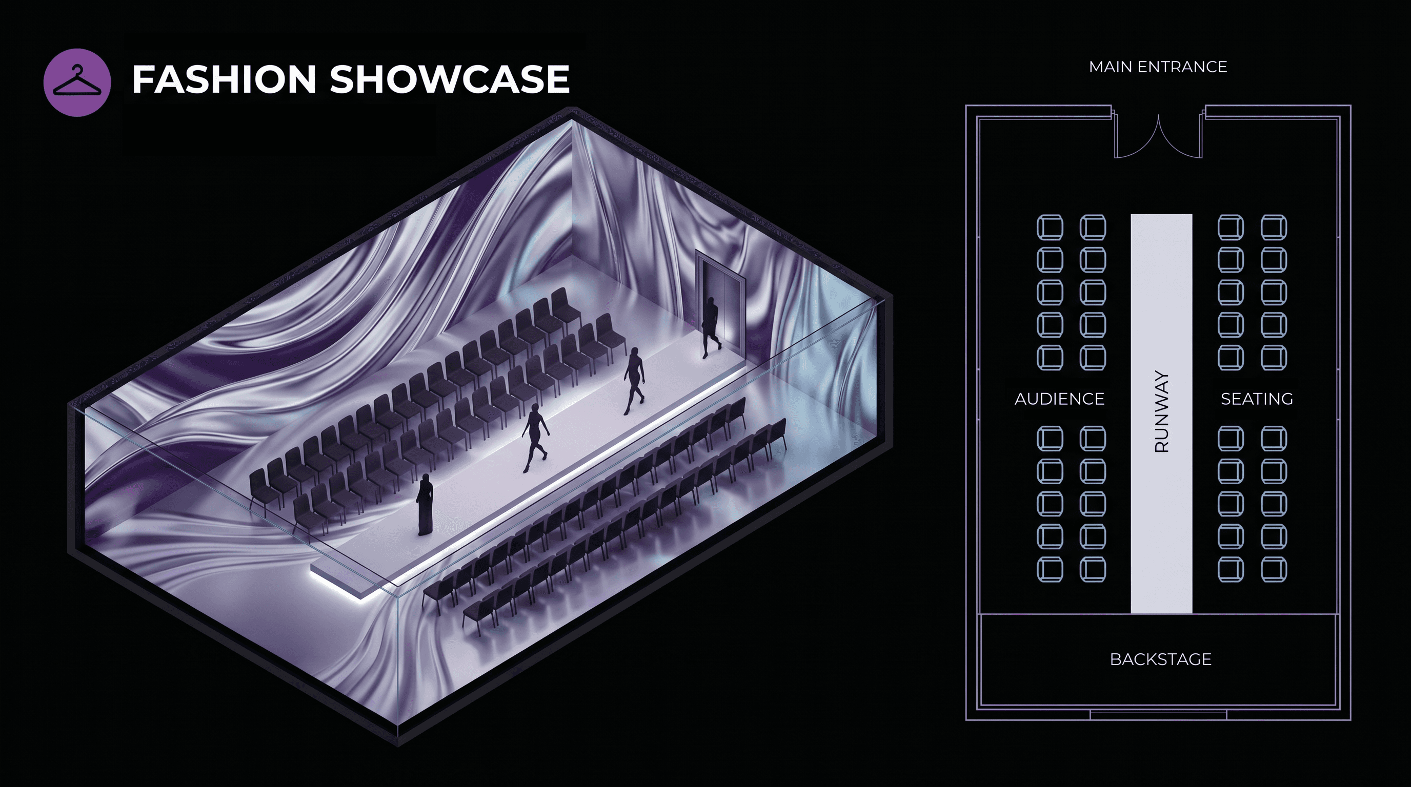 Fashion showcase layout — audience seats flanking a central runway in a liquid silver couture environment, paired with a floor plan showing runway and backstage.