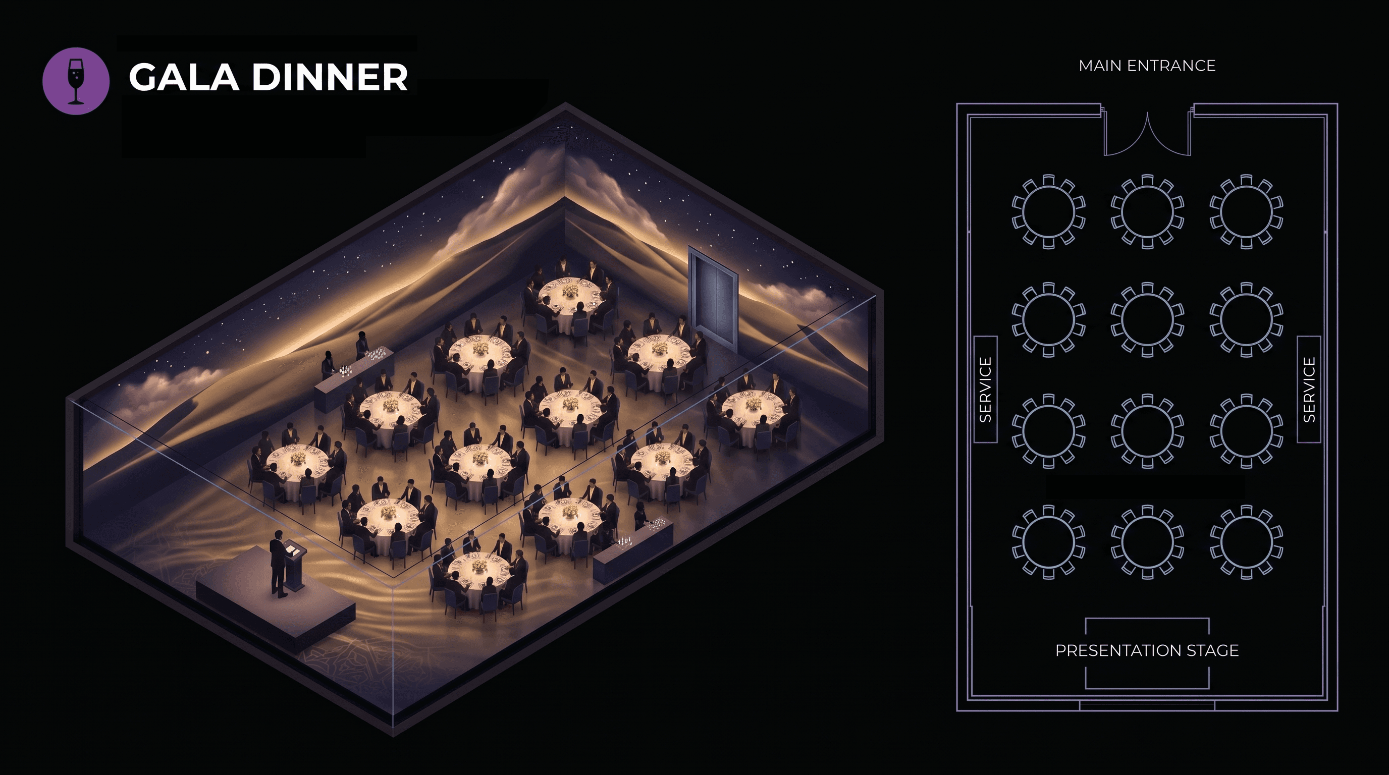 Gala dinner layout — round tables of guests with a presentation stage in a cosmic mountain horizon environment, paired with a floor plan showing tables, service zones, and presentation stage.